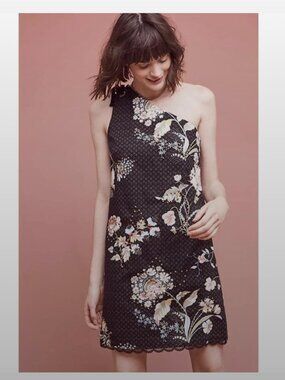 Anthropologie Maeve Black Floral One-Shoulder Dress sz8